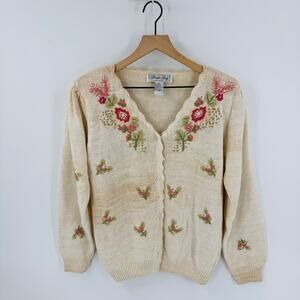 Vintage‎ Private Party Ramie Cotton Floral 3D Knit Cardigan Sweater L Grannycore